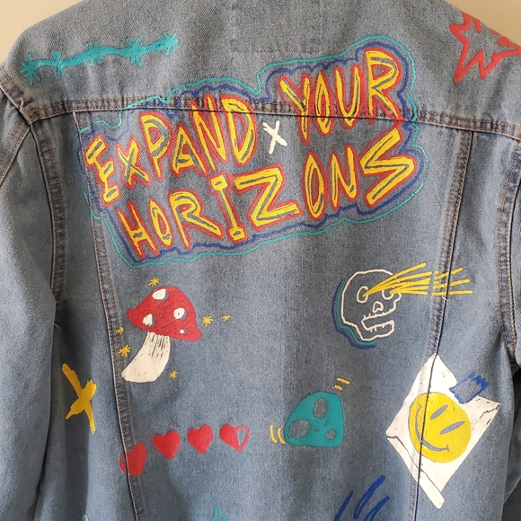 Brooklyn Clothing M Indie Sleeze 90s Grunge Flames Rainbow Unisex Jean Jacket - Picture 9 of 11